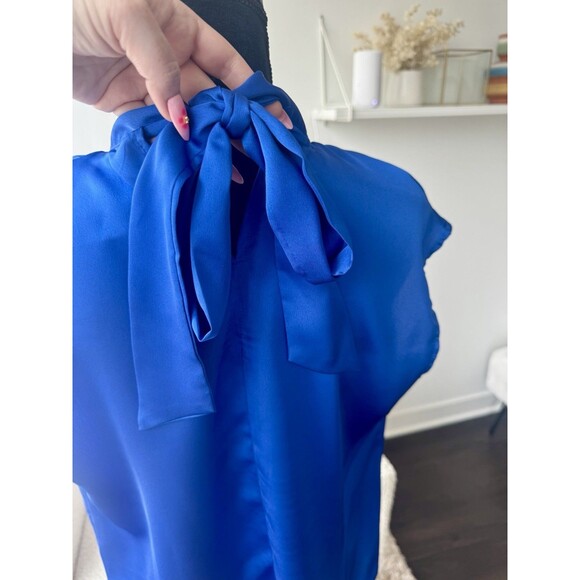 Shein Bright Blue Satin High Neck Sleeveless Tie Back Blouse Size Medium - Picture 4 of 7